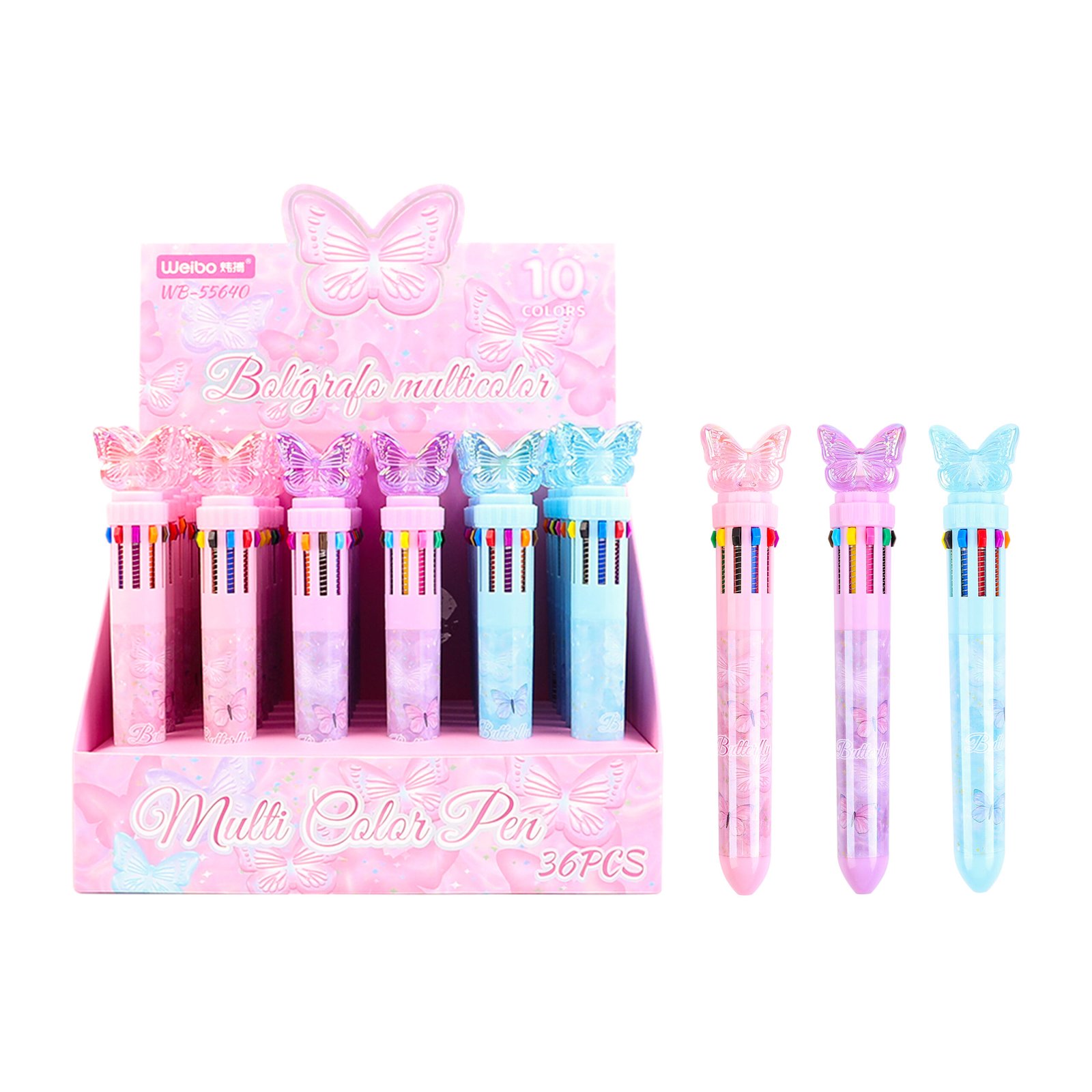 1 Weibo 10 Colors Multicolor Ballpoint Pen WB-55640 - Cute Butterfly Glitter Liquid Barrel 10-in-1 Rainbow Ink Pen with Sparkling Butterfly Topper for Students and Creative Writing - Image 1