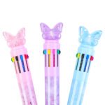 Weibo 10 Colors Multicolor Ballpoint Pen WB-55640 - Cute Butterfly Glitter Liquid Barrel 10-in-1 Rainbow Ink Pen with Sparkling Butterfly Topper for Students and Creative Writing - Image 4