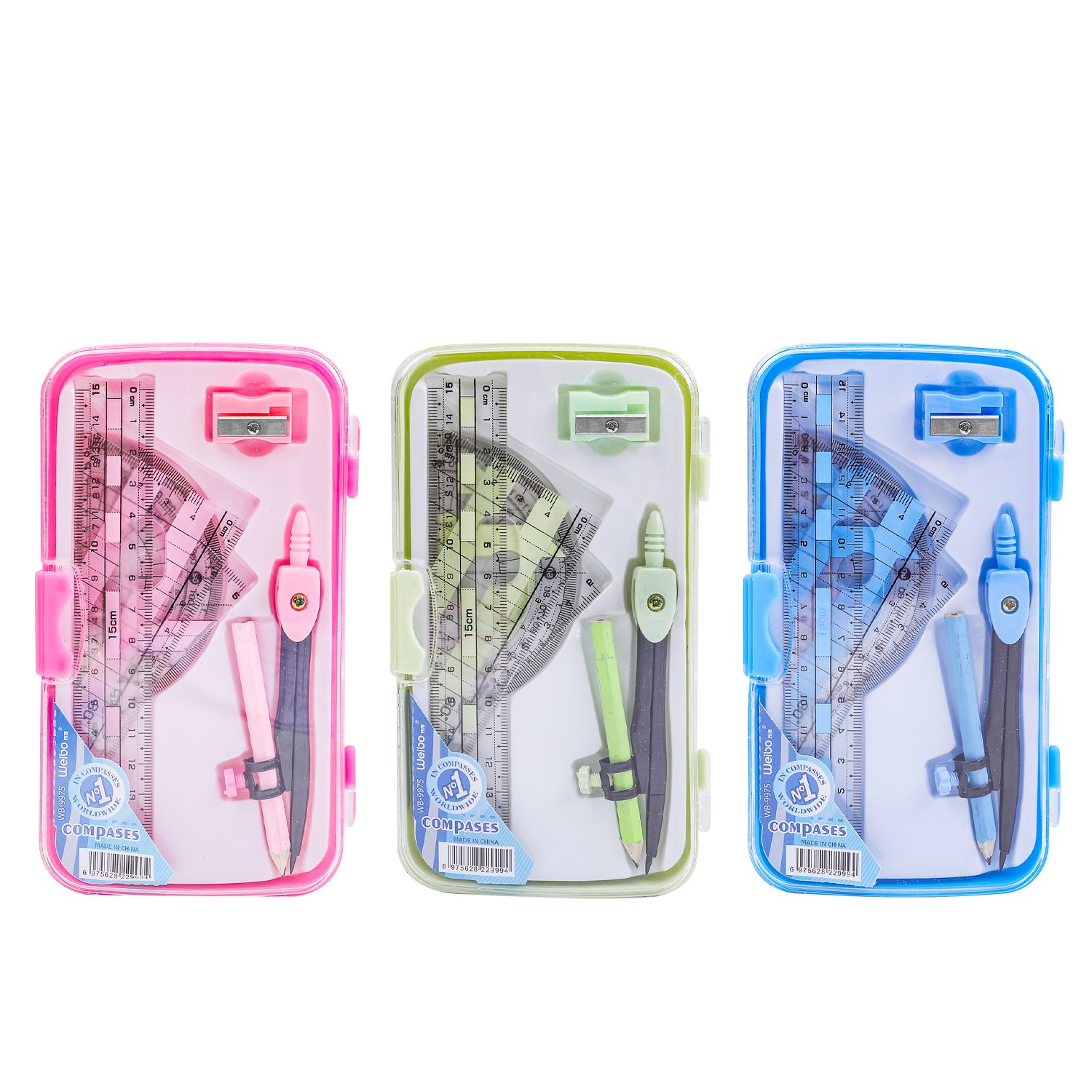 4 Weibo Complete Geometry Instrument Box Set with Compass, Ruler, Protractor & Sharpener for Students - Image 1